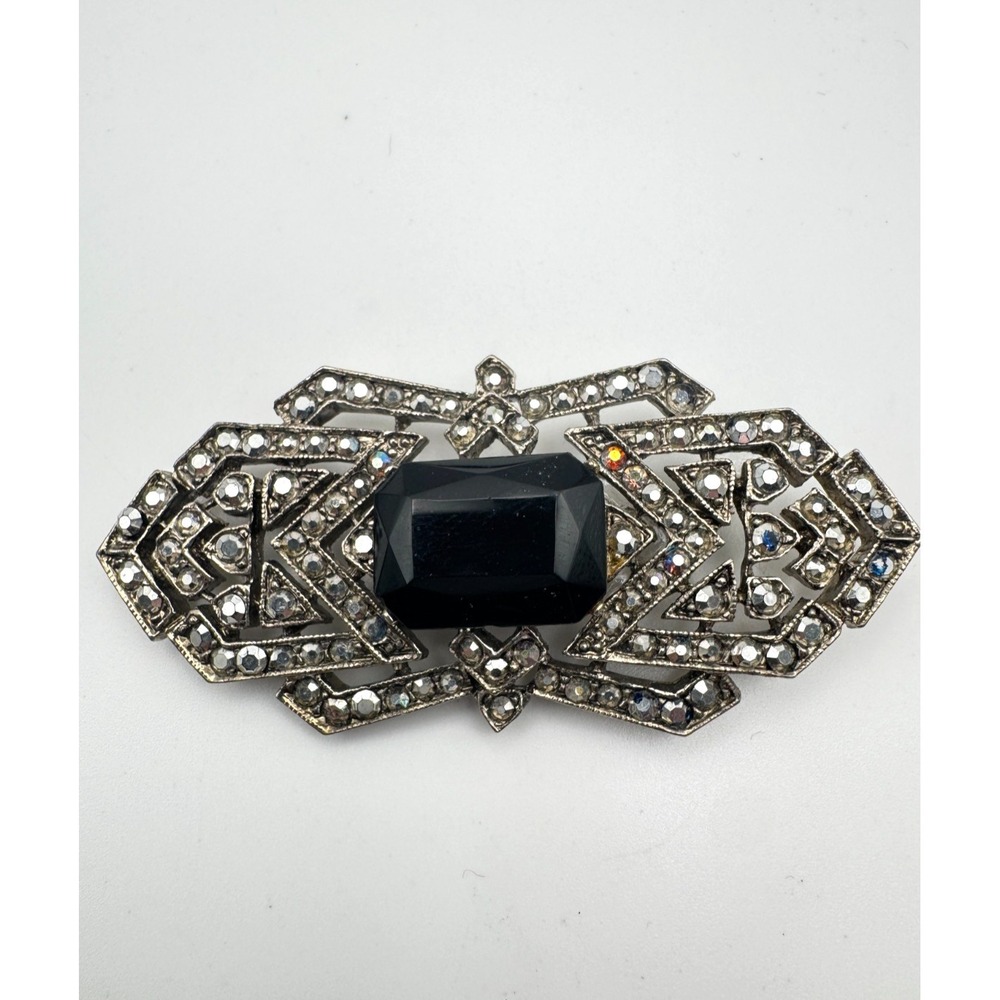 Vintage ART Brooch Art Deco Revival Geometric‎ Pin Black Glass Rhinestone